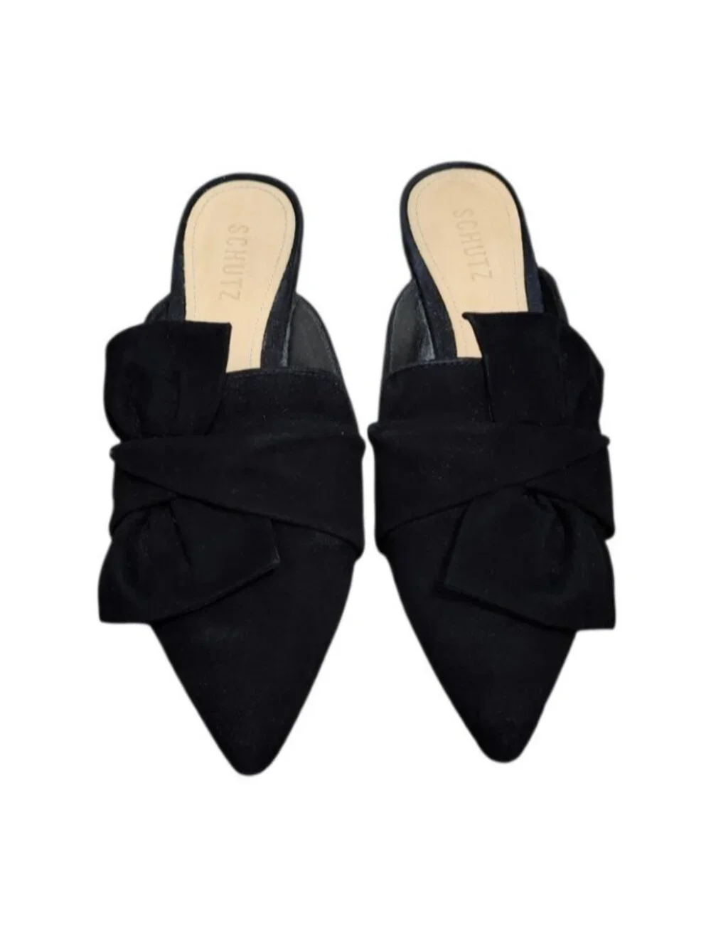 Schutz Black Suede Bow Pointed Toe Mule Flats Women’s Size 8.5B Leather